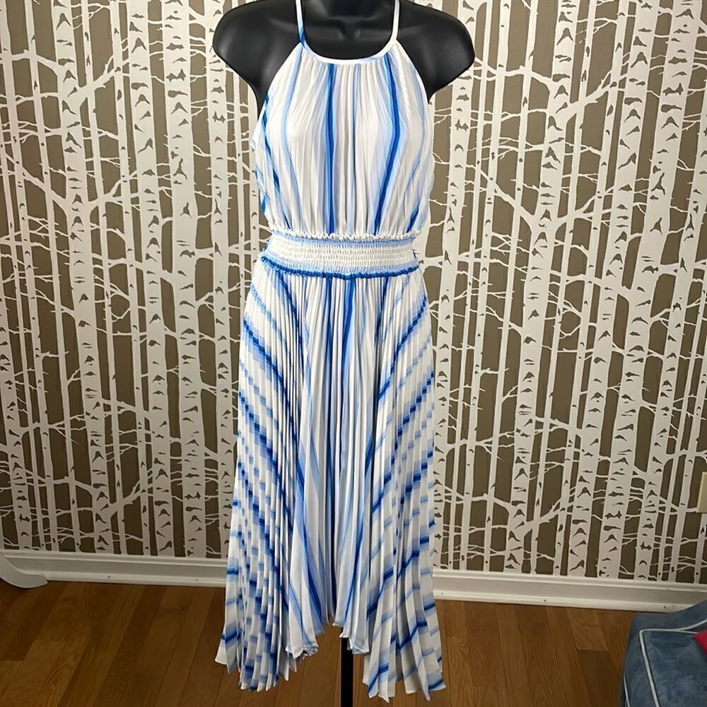 Nine West blue white accordion pleated shark bite hem high neck midi dress NEW